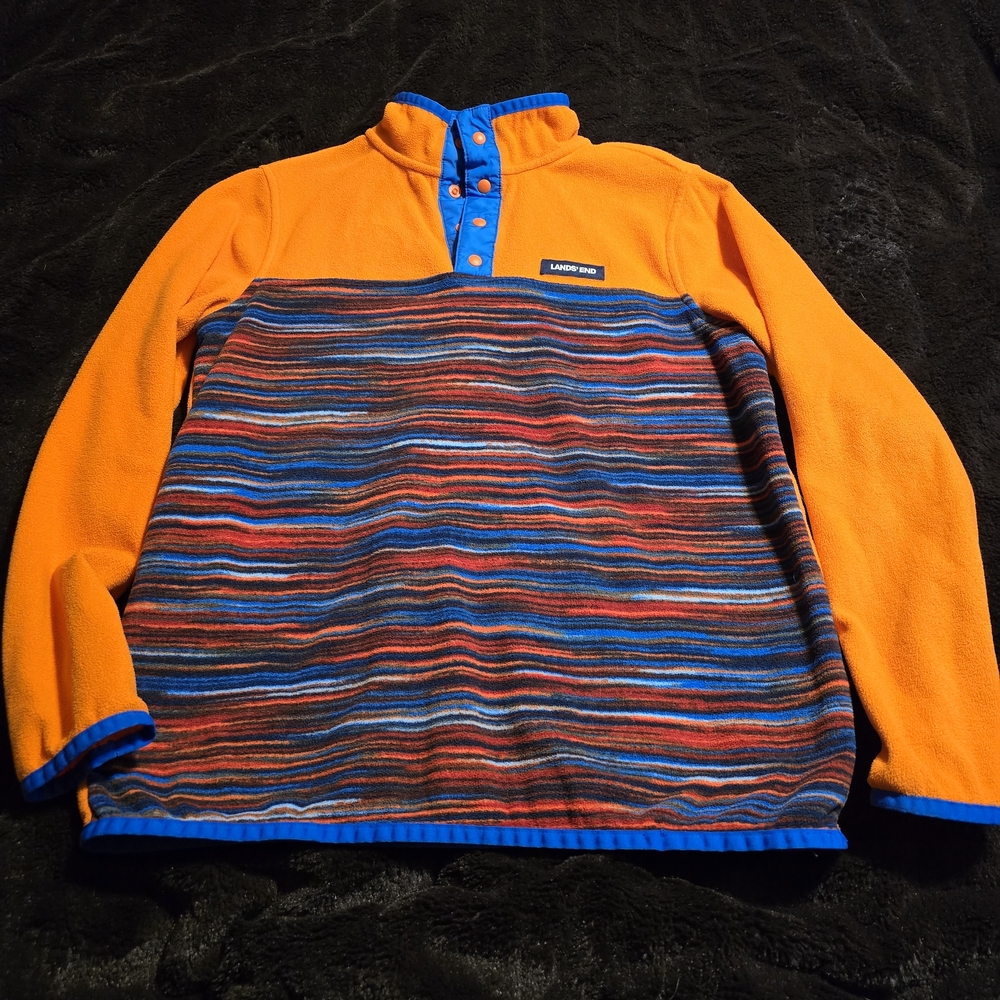 Lands' End Orange and Blue Striped Fleece Pullover